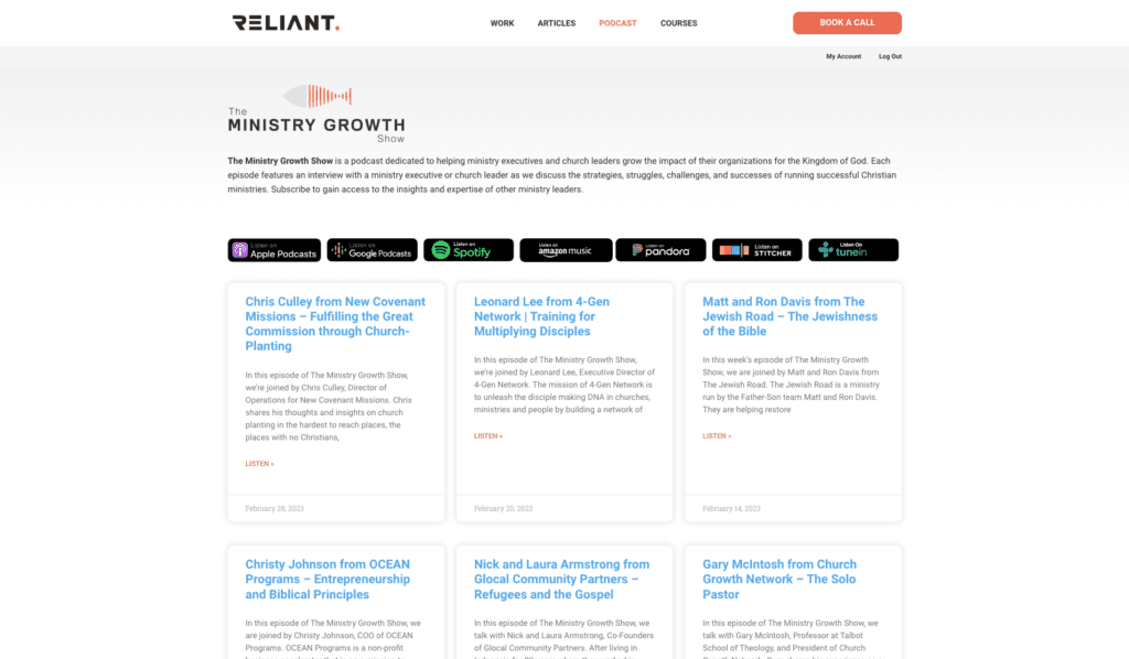 Podcast episode archive page example on a ministry website